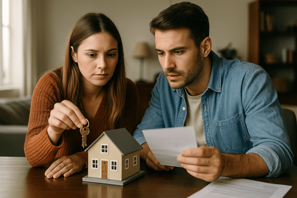 Pareja joven emocionada frente a su primer piso, representación visual de cómo comprar una vivienda sin ahorros