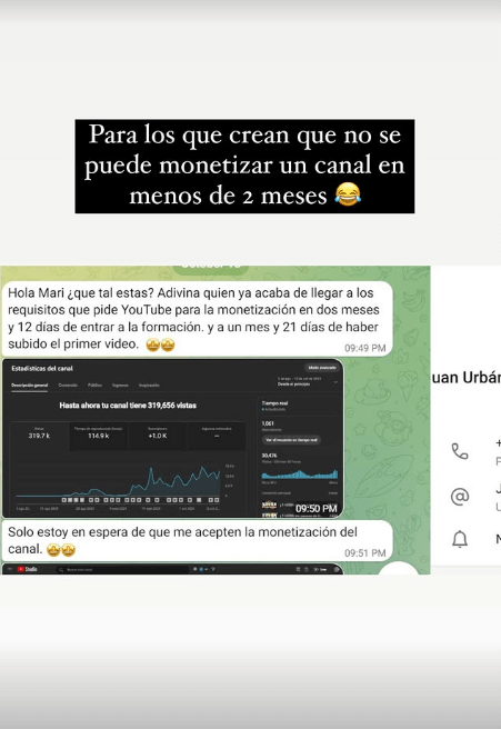 Alumno del curso MonetizaTube mostrando su primer canal monetizado