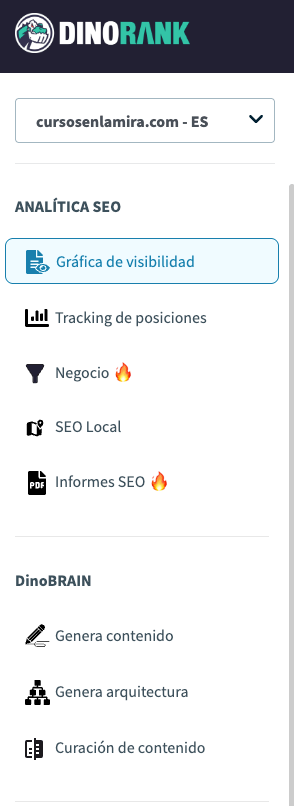 Captura del panel lateral de DinoRANK con todos los módulos visibles