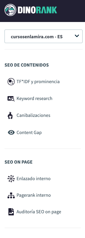 Vista del menú completo de funcionalidades SEO en DinoRANK