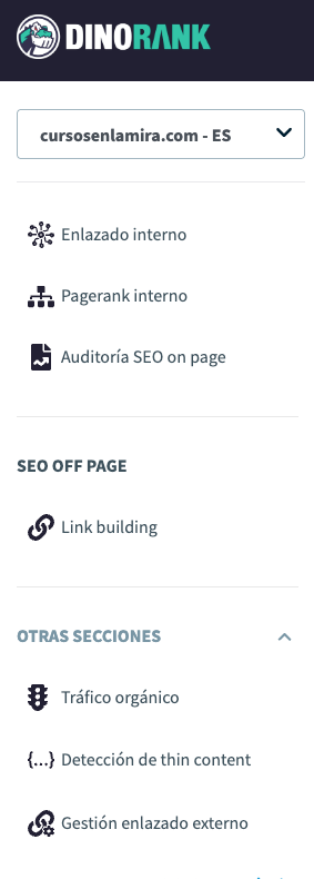 Navegación lateral de DinoRANK mostrando estructura del panel de control