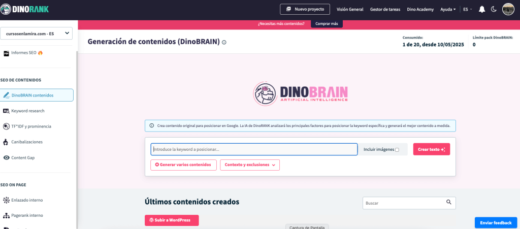 Vista de DinoBRAIN sugiriendo mejoras de contenido y estructura SEO en el panel de DinoRANK