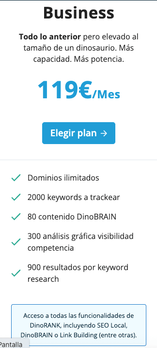 Información del plan Business de DinoRANK con soporte avanzado y mayor capacidad