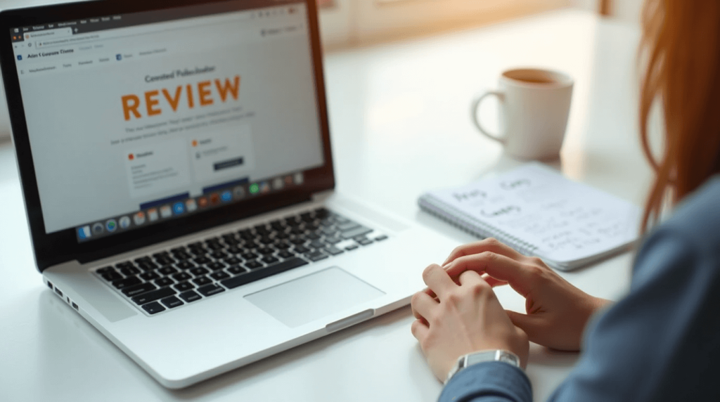 Espacio de trabajo con portátil, taza de café y una libreta con notas, ideal para reflejar el proceso de análisis previo antes de elegir un curso online como Tradeando o Partner 360.