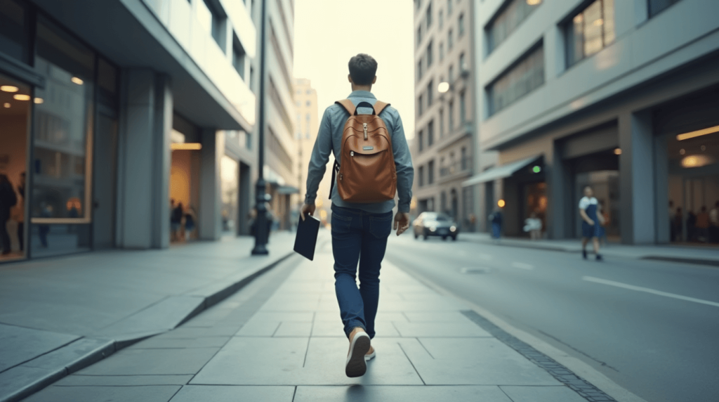 Persona caminando con determinación por una calle moderna con mochila y portátil en mano, representando el momento de tomar acción tras decidir entre cursos de trading o marketing de afiliados.