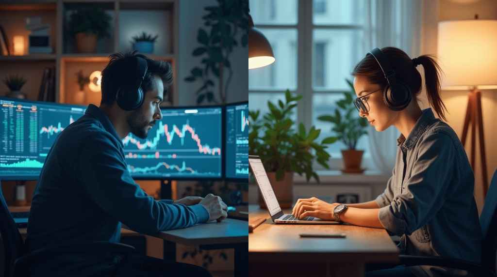 Imagen comparativa entre un trader con gráficos y un creador de contenido trabajando desde casa, que representa la diferencia entre el trading online y el marketing de afiliados como opciones de formación digital.