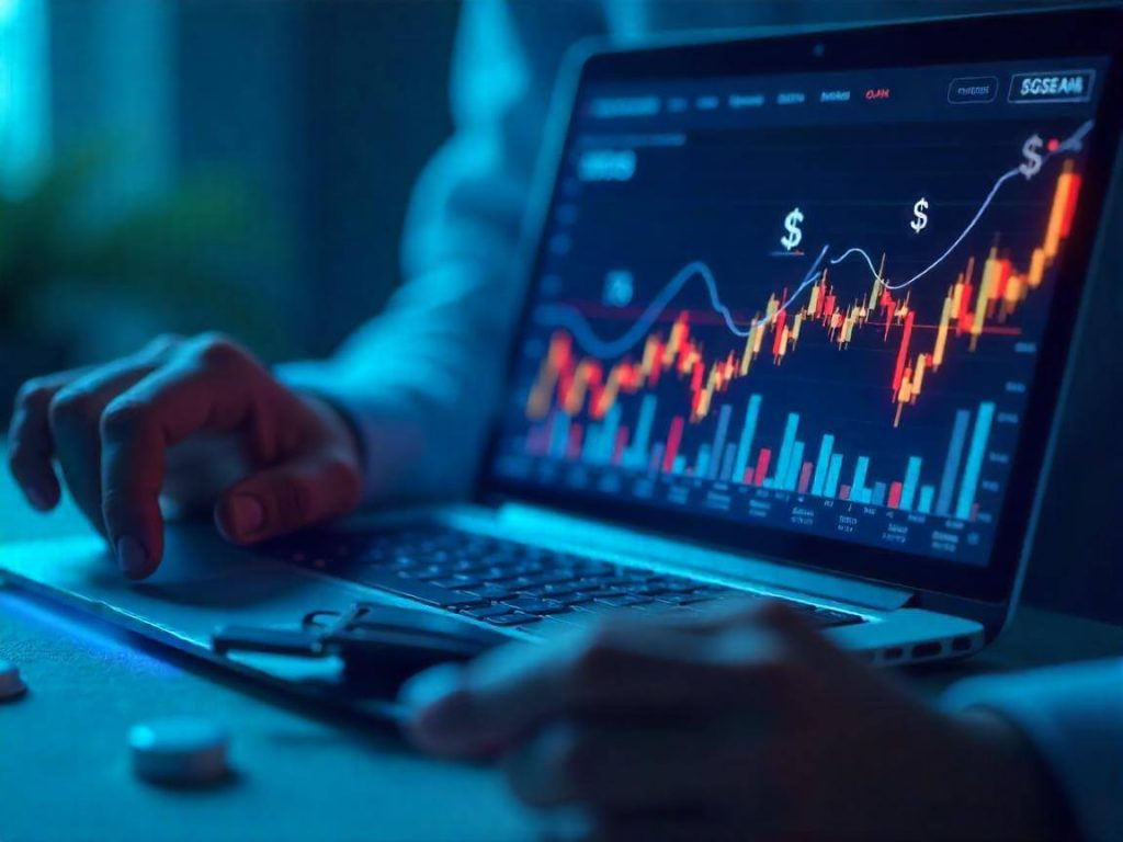 Ilustración conceptual de una cuenta fondeada con gráficos financieros y un trader operando desde su portátil.