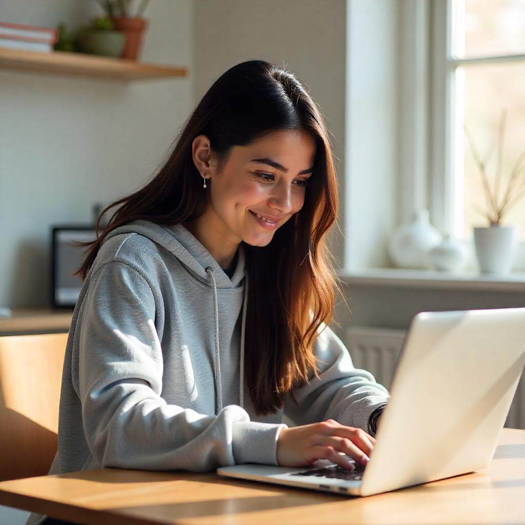 Mujer revisando la agenda de un evento online de finanzas