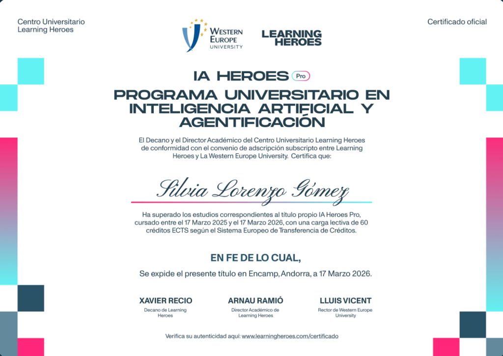 Certificado universitario oficial del programa IA Heroes PRO, avalado por Learning Heroes y Western Europe University