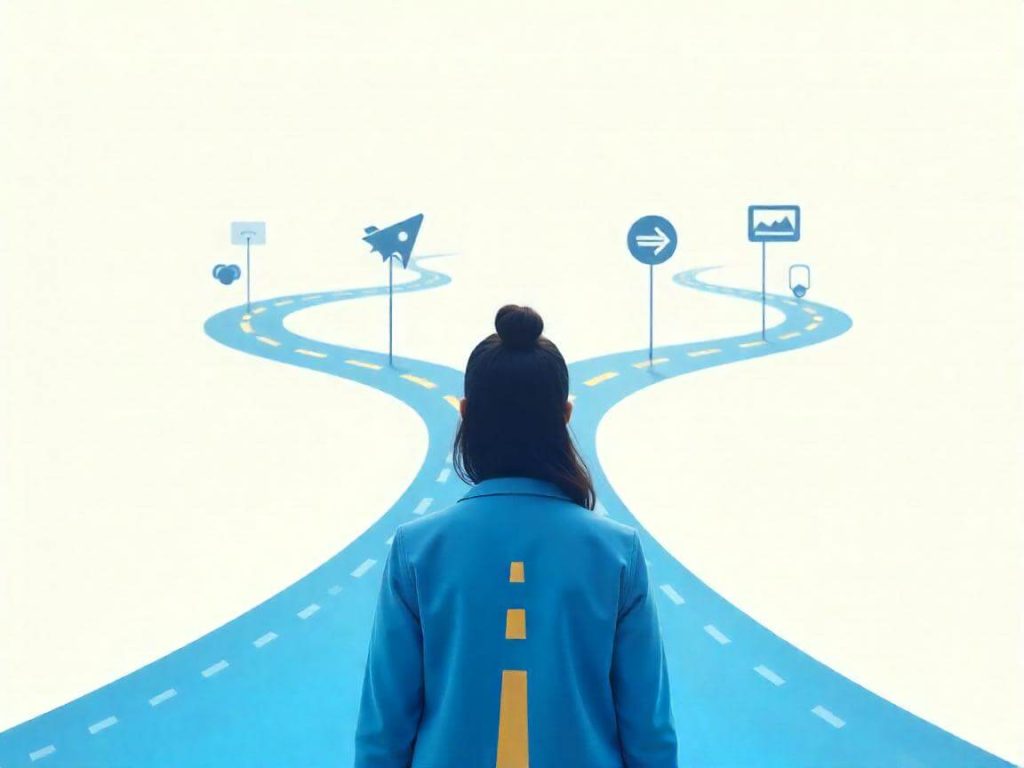 Persona eligiendo su modelo de negocio digital ideal en una encrucijada online.