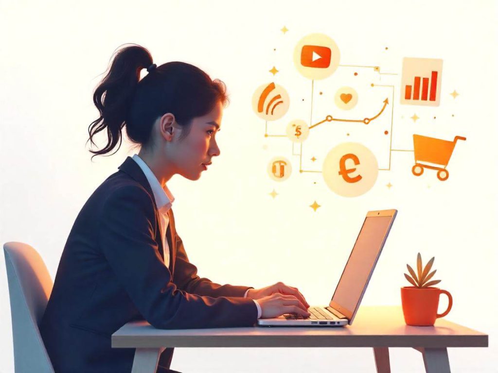 Ilustración de persona frente a varios caminos digitales: trading, YouTube, afiliación, ventas y ecommerce.