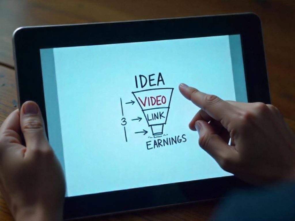 Tablet con esquema visual de una estrategia digital paso a paso, conectando IA, YouTube y afiliados.