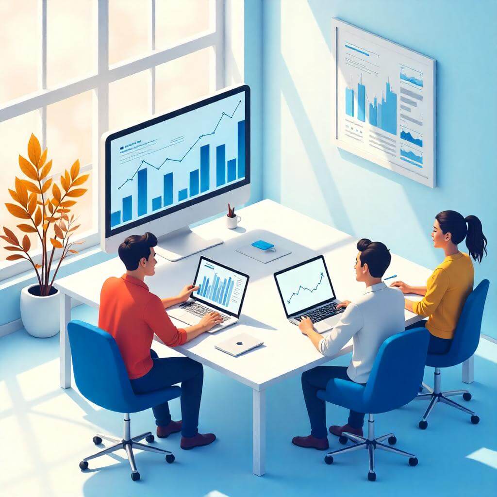 Ilustración de personas comparando datos financieros en una mesa de trabajo, representando el análisis comparativo de eventos de inversión como La Semana de la Inversión.