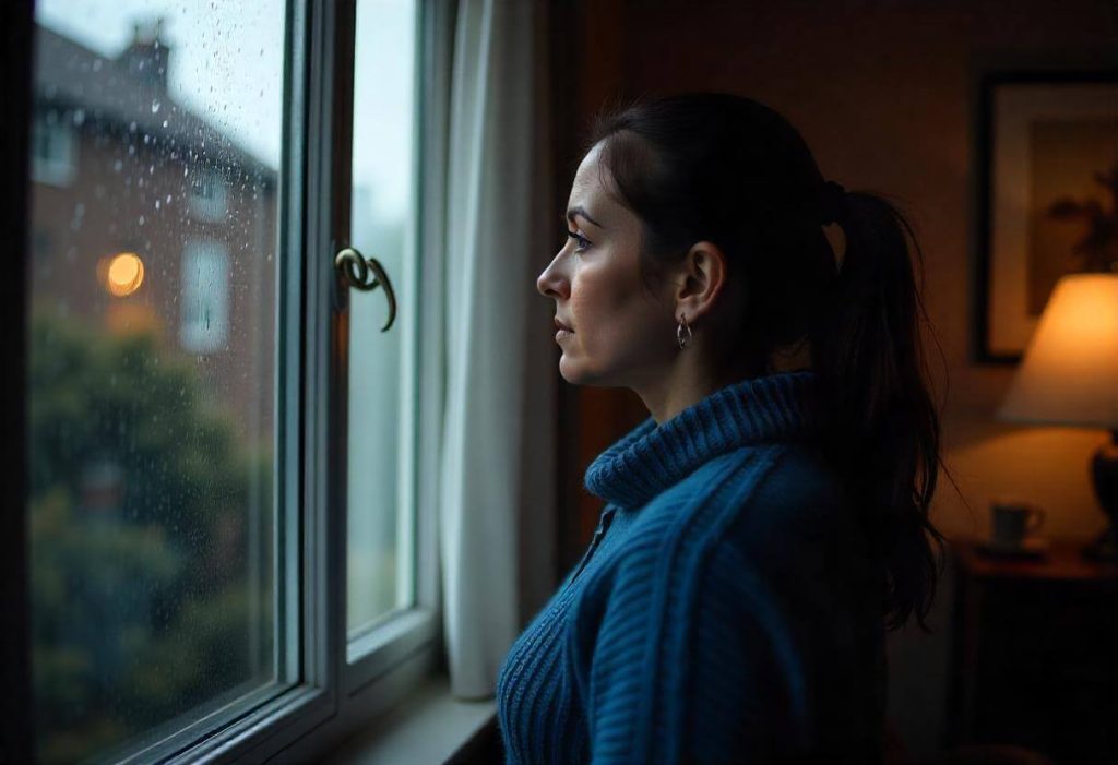 Mujer agotada reflexionando frente a la ventana, representando a madres que buscan ayuda para educar a sus hijos con más calma y comprensión