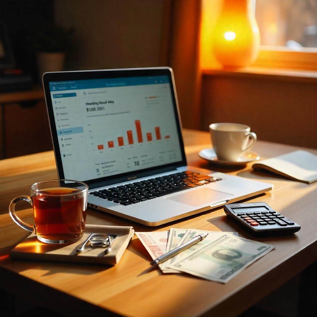 Portátil mostrando un webinar financiero en un escritorio con luz cálida