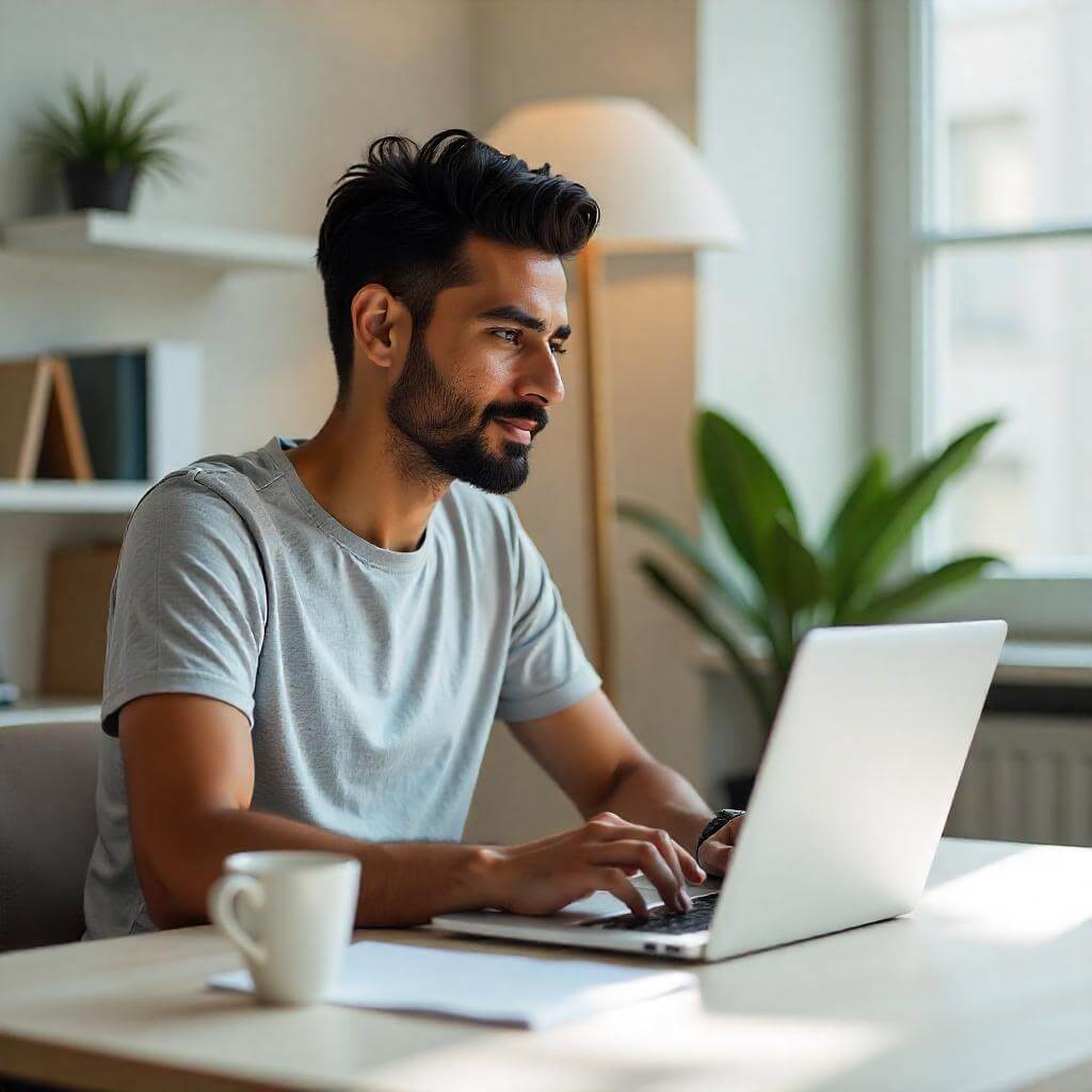 Hombre joven asistiendo a un evento online de inversión desde casa