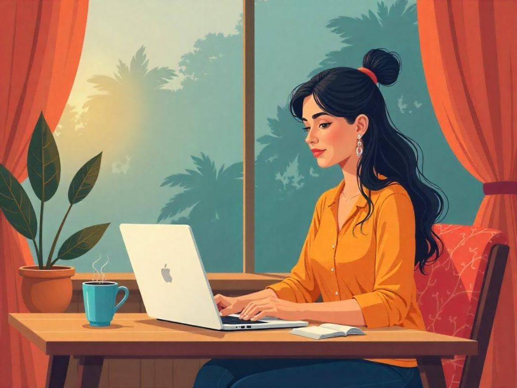 Ilustración de una mujer aprendiendo trading desde casa con su portátil, en un ambiente relajado y moderno.