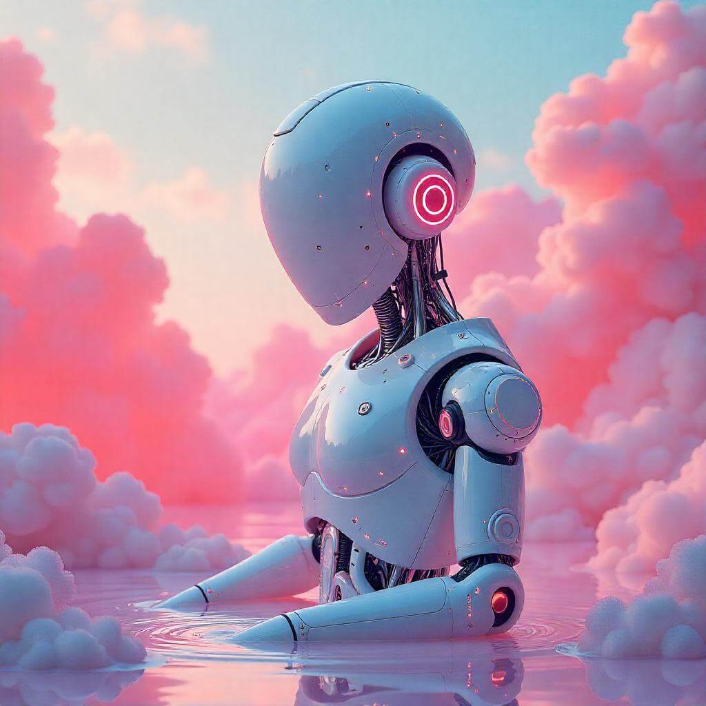 Robot pensativo rodeado de nubes rosadas, representando la reflexión personal sobre si el curso IA Heroes PRO encaja con tu perfil