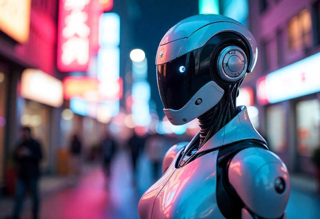 Robot humanoide en una ciudad futurista, representando el auge de la inteligencia artificial frente a otras formaciones tecnológicas disponibles en 2025