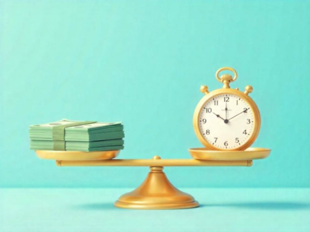 Balanza simbólica con iconos de dinero y tiempo, ilustrando los pros y contras reales del trading para principiantes