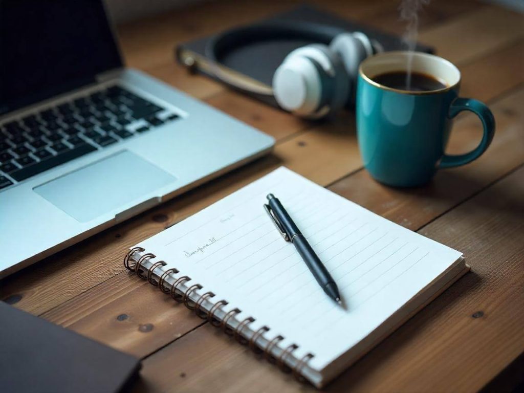 Flatlay de escritorio con herramientas básicas para empezar un negocio online desde casa