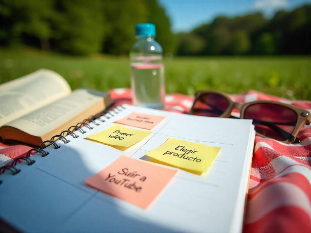 Vista desde arriba de una agenda con pasos iniciales para empezar a ganar dinero con IA y YouTube.