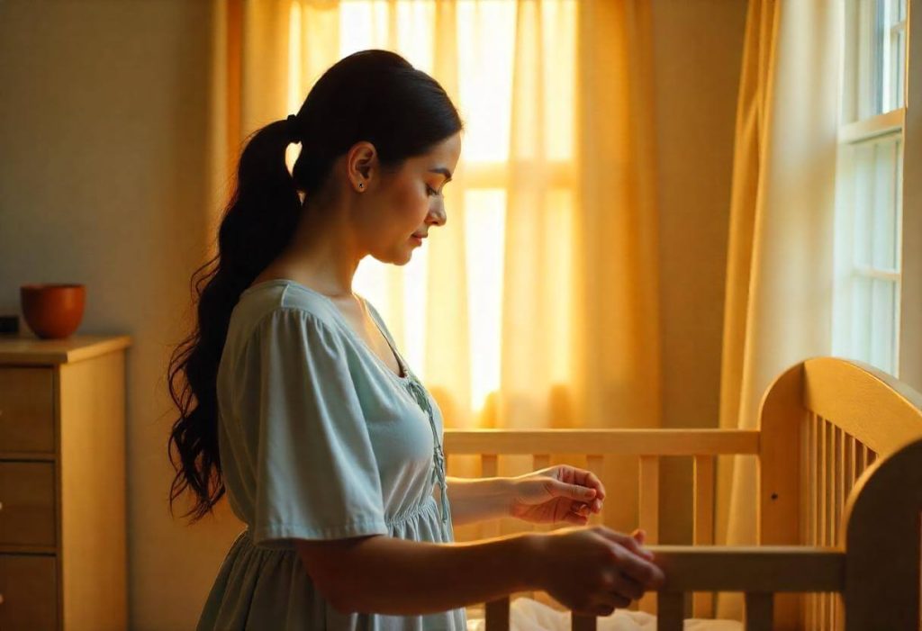 Madre primeriza contemplando la cuna de su bebé en una habitación iluminada por la luz del amanecer, transmitiendo emoción, dudas y ternura ante la maternidad