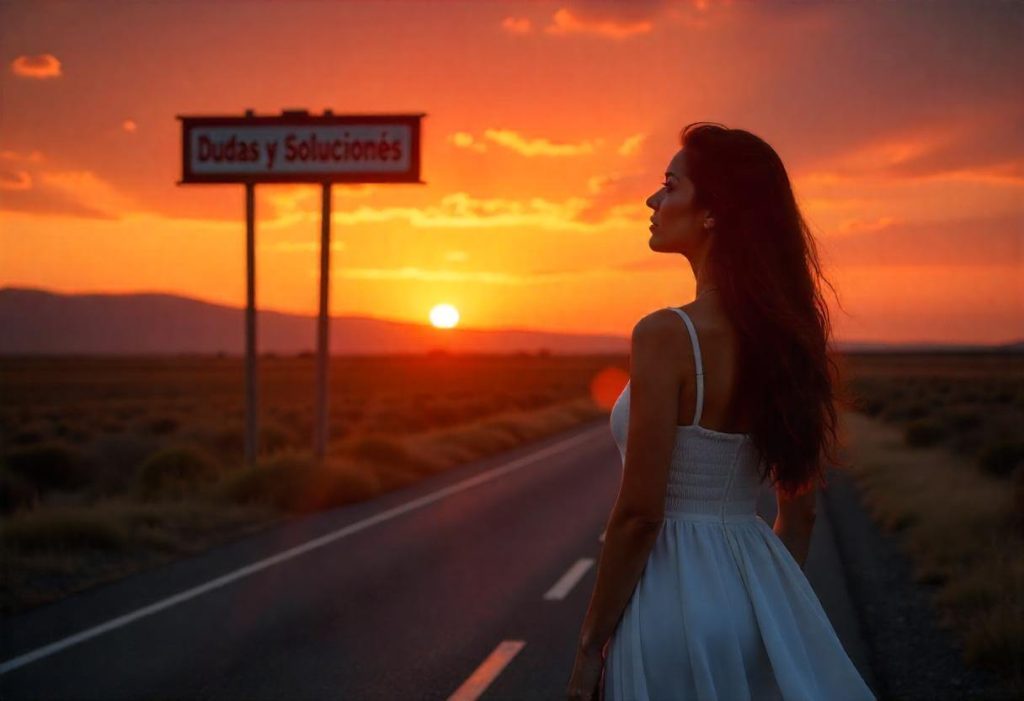 Mujer caminando hacia el horizonte al atardecer junto a una señal de “Dudas y Soluciones”, simbolizando el cambio de perspectiva al comprender a tu hijo
