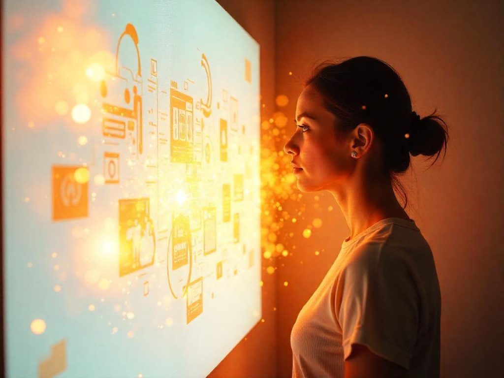 Ilustración de emprendedor explorando opciones de negocio digital desde casa.