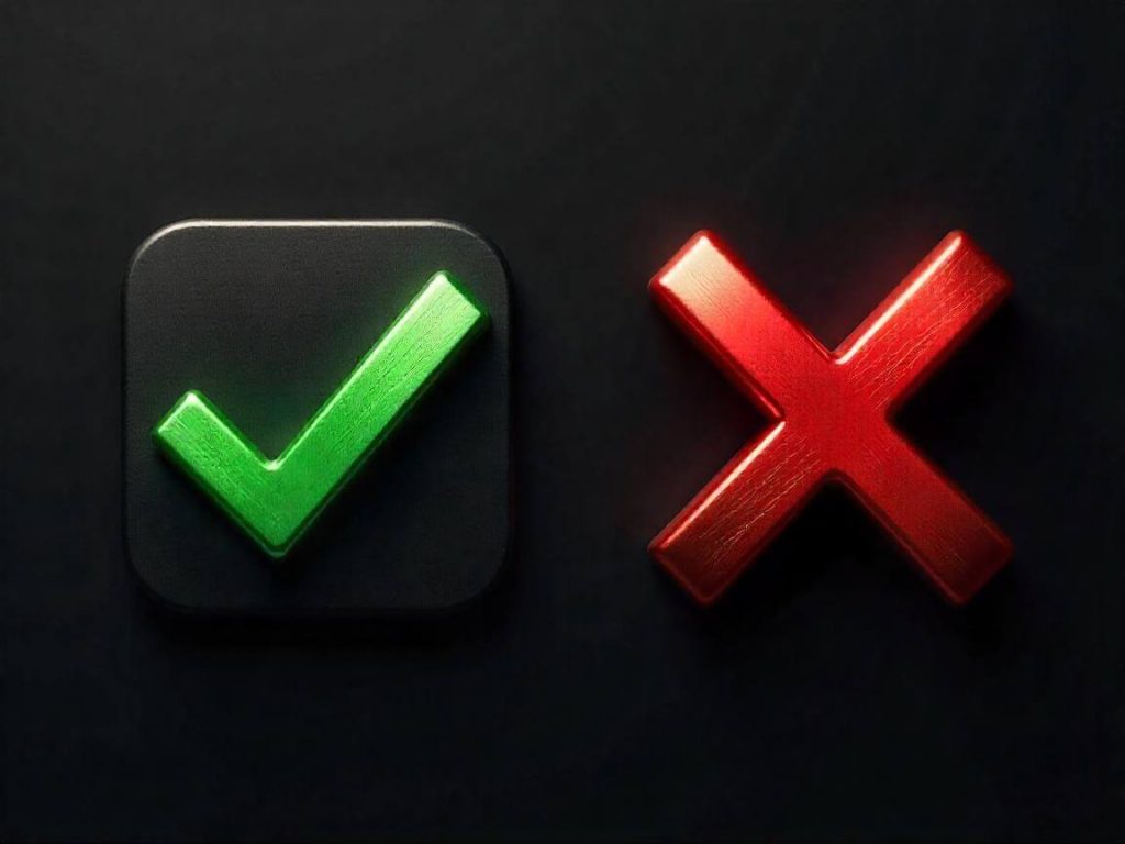 Iconos visuales de ventajas y desventajas: check verde y cruz roja