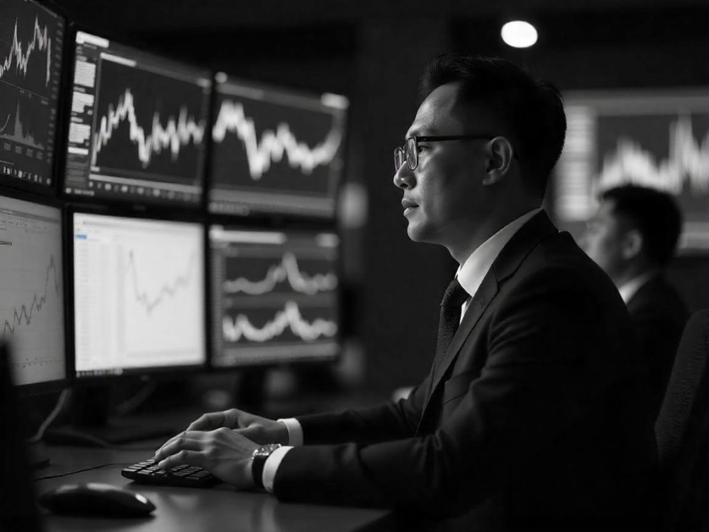 Vista en blanco y negro de una pantalla de análisis técnico en trading