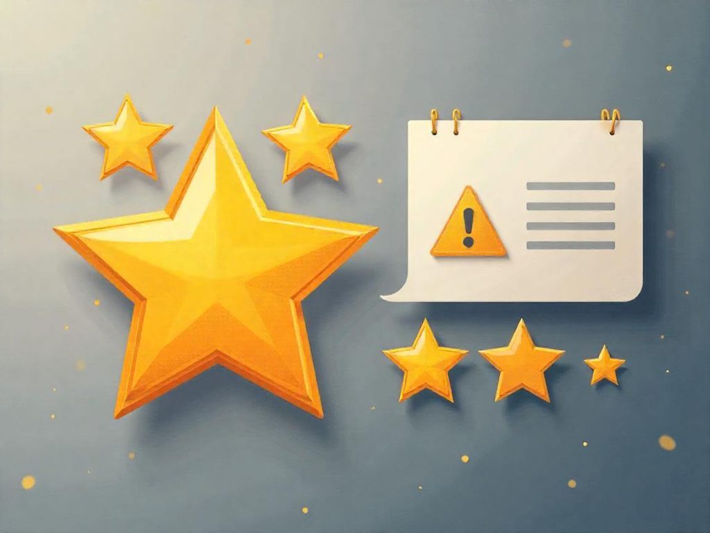 Ilustración de valoraciones con estrellas y una advertencia, representando opiniones reales y objeciones frecuentes en formaciones de trading