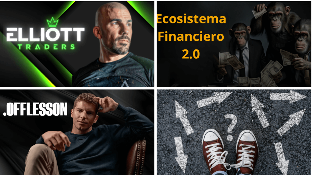 Collage de formaciones analizadas en Cursos en la Mira: Elliott Traders, Ecosistema Financiero y OffLesson. Representa opciones reales para aprender desde cero, tomar mejores decisiones y recuperar el control personal y financiero.