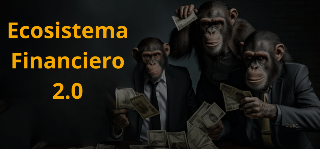 Portada del curso Ecosistema Financiero 2.0 con chimpancés vestidos de traje simbolizando inversión e ingresos pasivos de forma segura