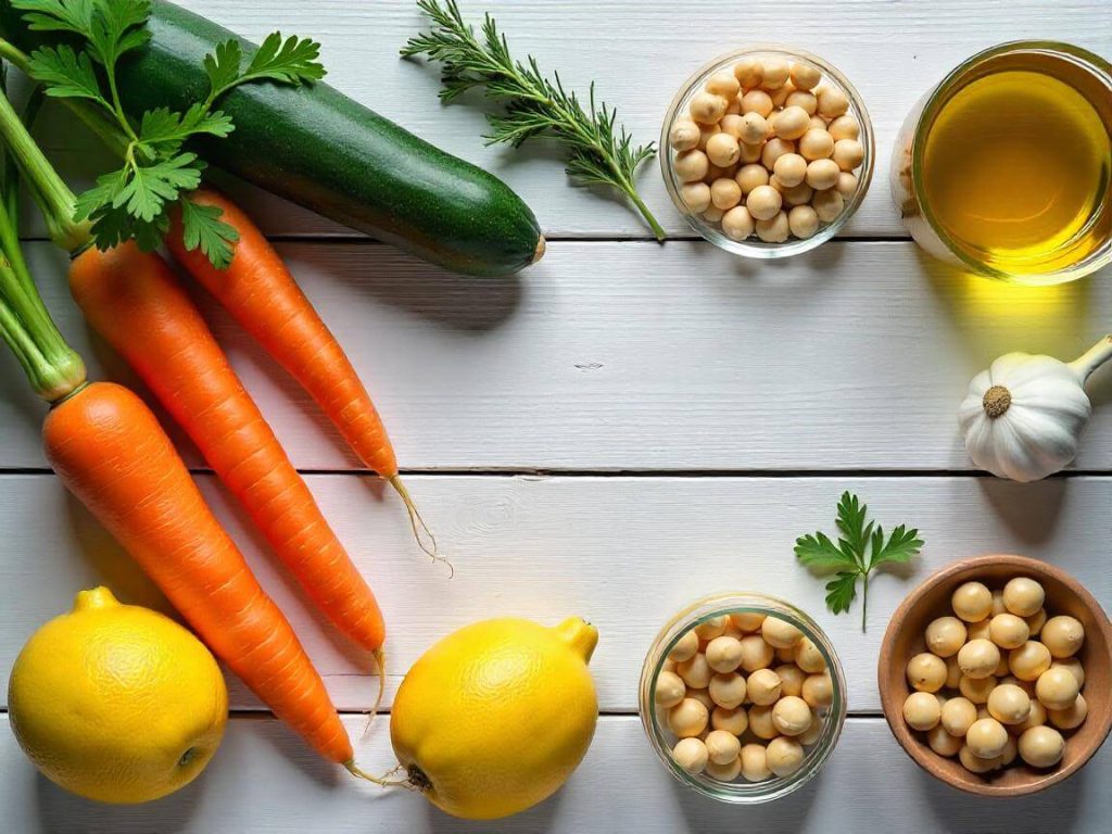 Ingredientes saludables del Método S.A.N.O.: zanahorias, calabacín, garbanzos, limón, ajo y aceite de oliva sobre fondo blanco"