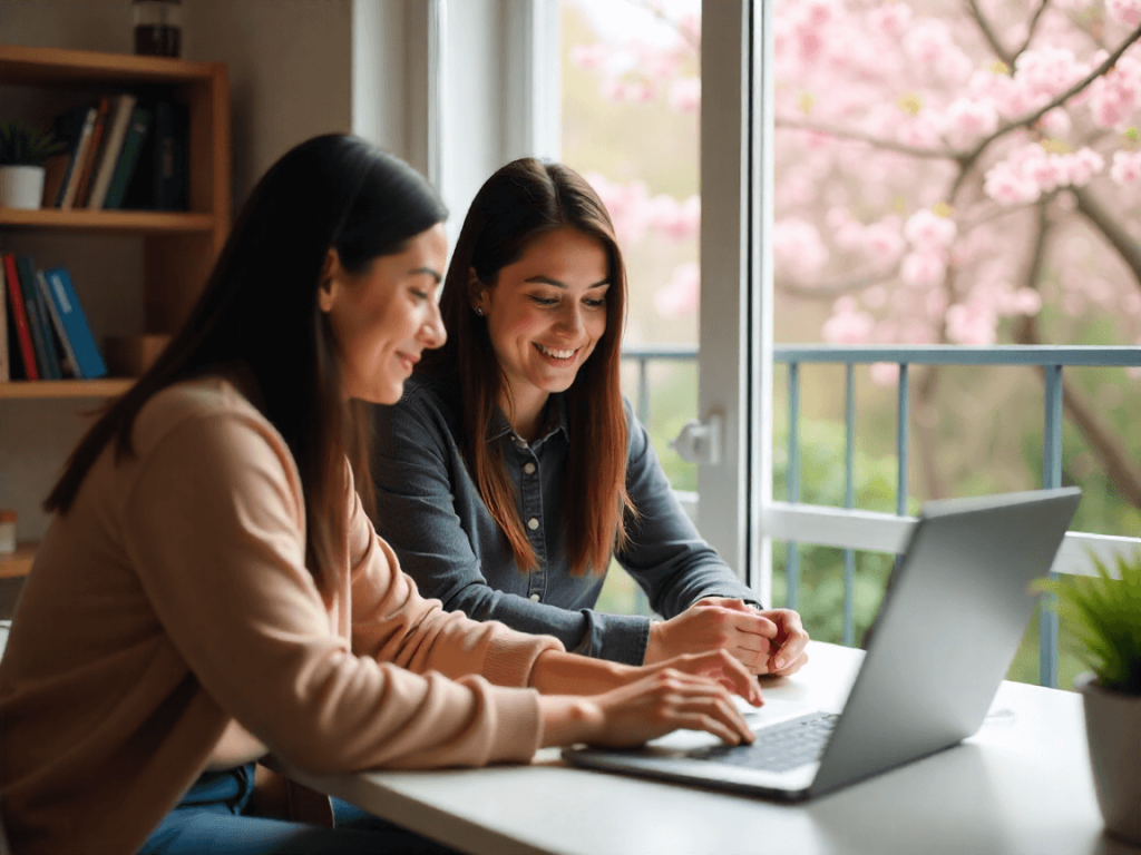 Dos mujeres aprendiendo automatización con IA desde casa, ideal para representar el enfoque práctico del curso Automation IA Manager.