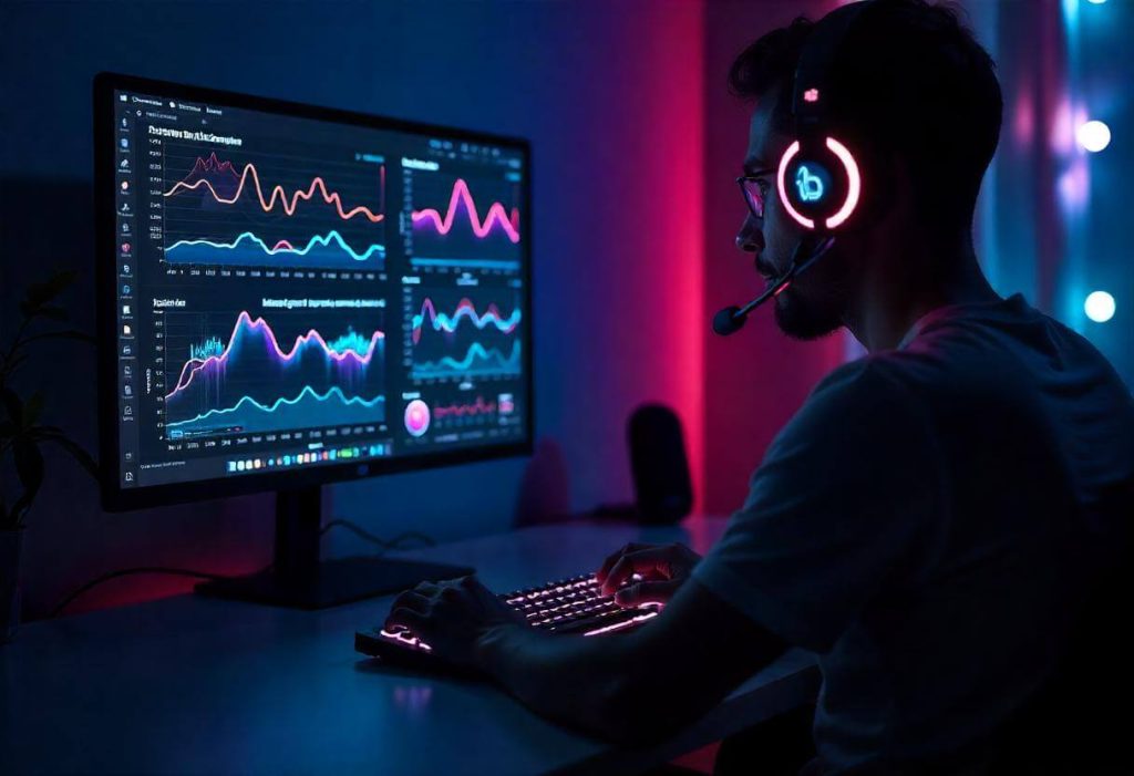 Persona analizando datos y estadísticas en múltiples pantallas, representando el enfoque técnico y automatizado de algunos canales de YouTube