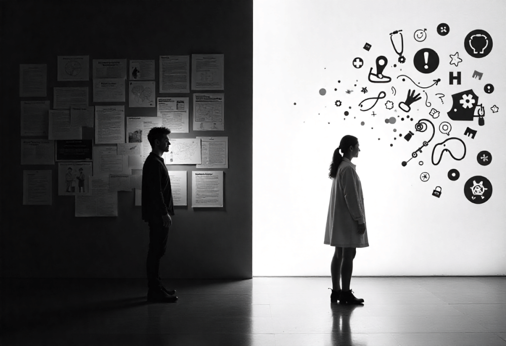 Contraste visual entre dos personas: una rodeada de papeles y teoría, y otra rodeada de iconos que representan experiencia, creatividad y aprendizaje práctico.