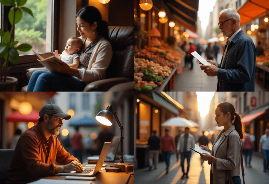 Personas diversas aprendiendo desde distintos contextos: una madre con su bebé, un hombre mayor en un mercado, un trabajador frente al portátil y una joven en la calle, reflejando que OffLesson es para cualquiera con ganas de aprender.