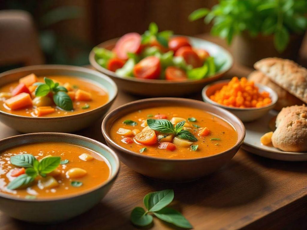 Cuencos de crema de verduras con albahaca, pan integral y ensalada fresca: una comida saludable y reconfortante