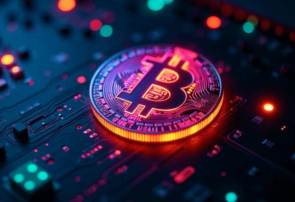 Representación del mercado cripto con símbolo de Bitcoin iluminado sobre una placa base, ideal para explicar formaciones de trading estructuradas como Elliott Traders.