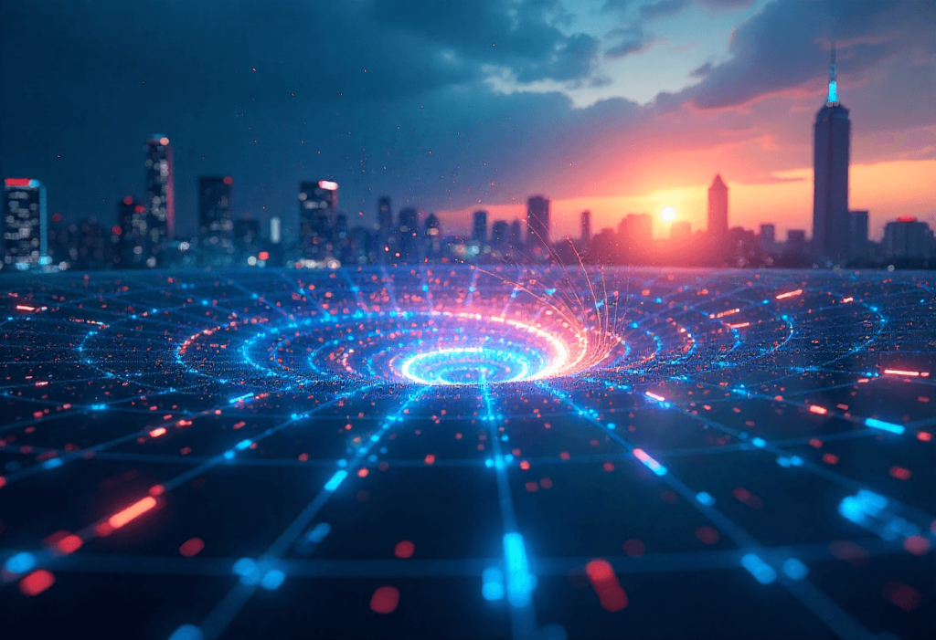 Visualización de red digital en ciudad al atardecer, simbolizando el cambio de mentalidad al entender el mercado con Elliott Traders.