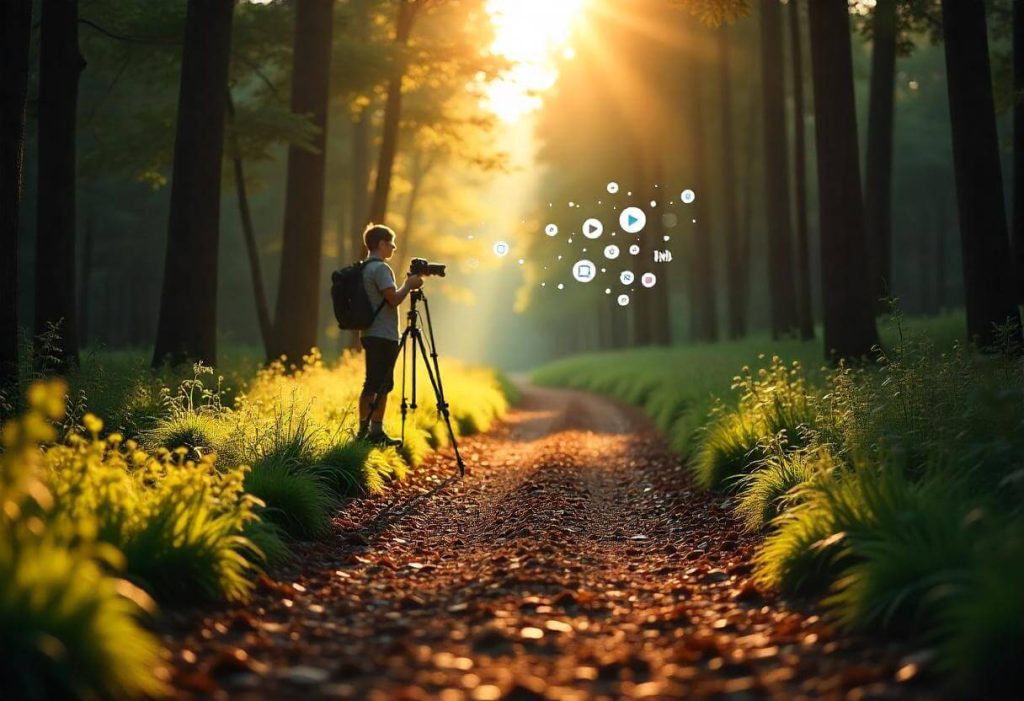 Camino iluminado entre árboles en un bosque, como metáfora visual de las decisiones personales que uno toma al elegir su camino en YouTube