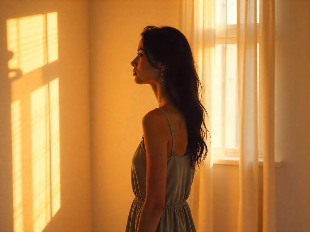Mujer de pie junto a la pared, iluminada por una luz suave, símbolo de introspección y desgaste emocional