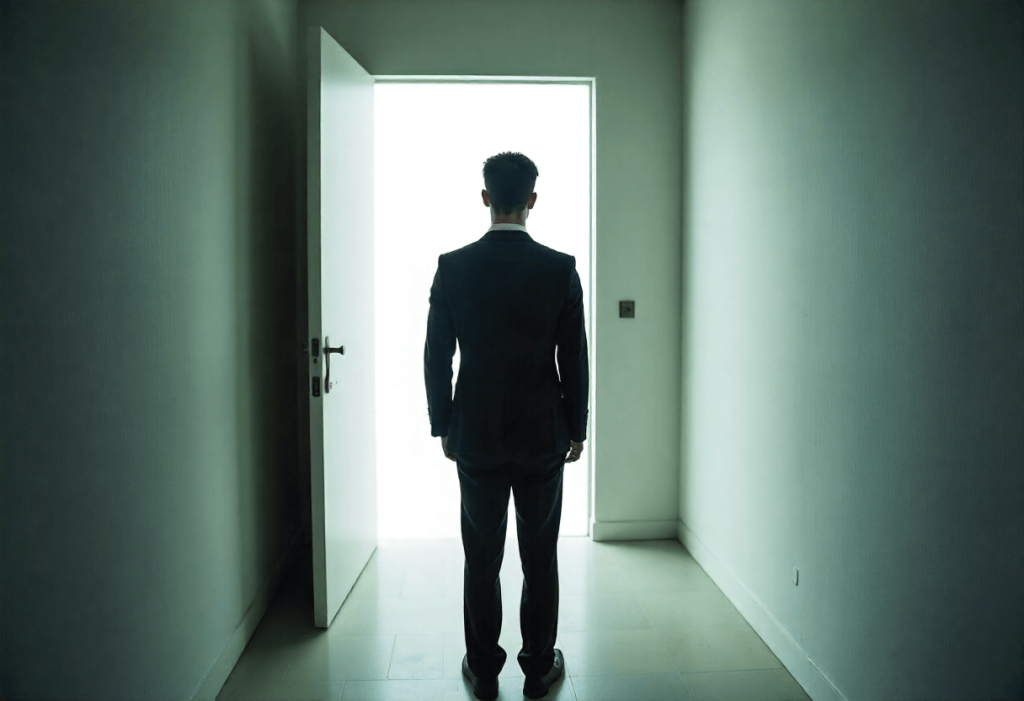 Persona de espaldas, a punto de cruzar una puerta iluminada, simbolizando el momento de tomar una decisión importante sobre su futuro.
