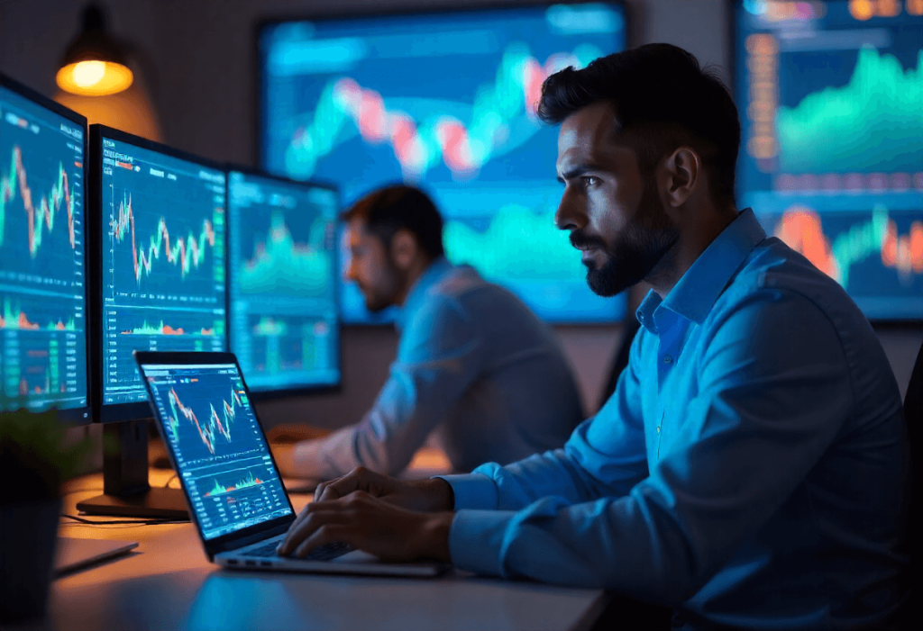 Hombre analizando gráficos de trading en múltiples pantallas, representación visual de academias de trading tradicionales con escaso acompañamiento personalizado.