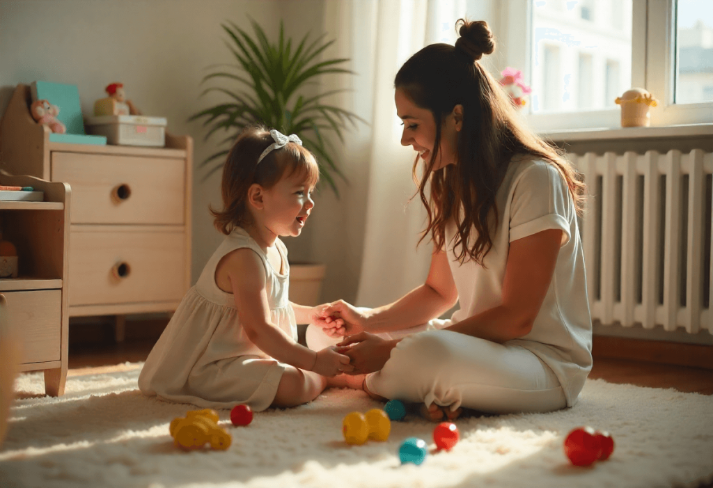 Madre joven española jugando sentada con su hija pequeña en el suelo del salón, ambas sonríen mientras se miran a los ojos, escena de vínculo afectivo y crianza consciente.
