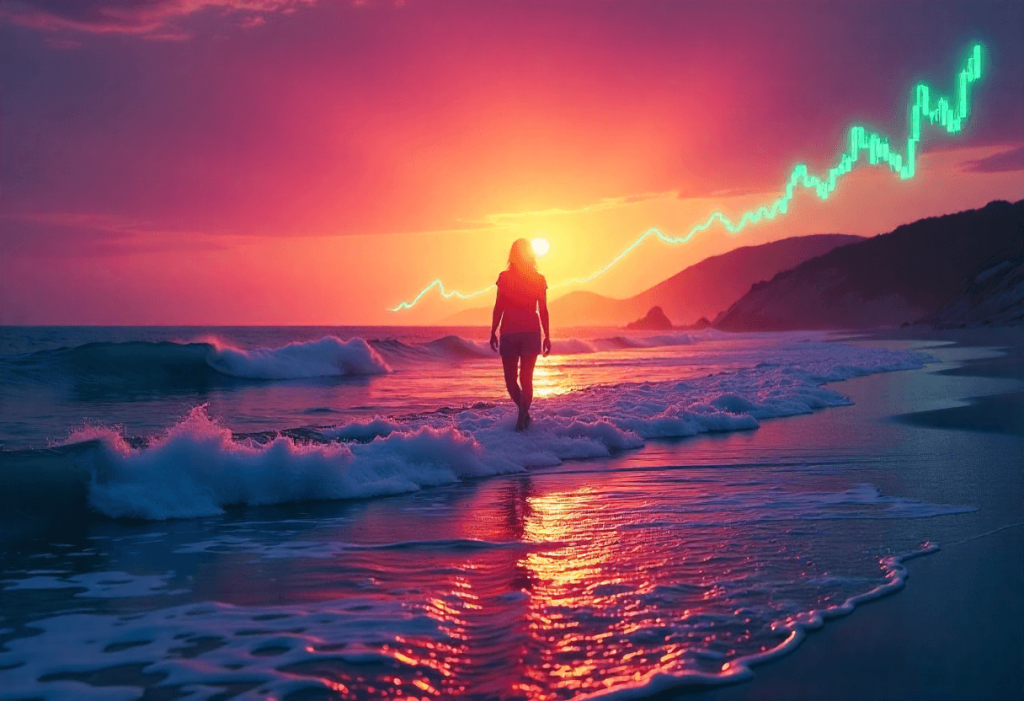 Mujer caminando hacia un horizonte con gráfico ascendente, símbolo del crecimiento personal y emocional que implica formarse bien en trading desde cero.