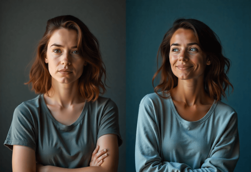 Comparativa visual de una mujer antes y después de descubrir OffLesson: de la duda al entusiasmo tras encontrar una plataforma diferente a Udemy, Invictos o Masterclass.