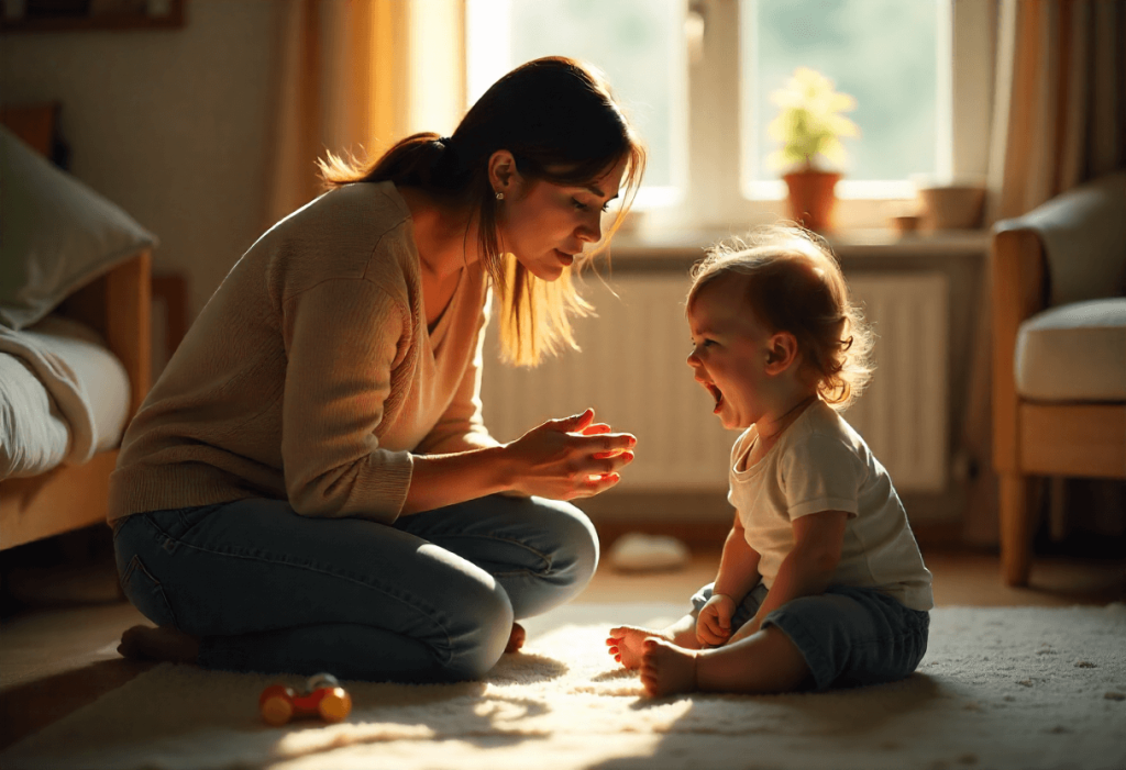 Madre española hablando de tú a tú con su bebé en el suelo del salón, en una escena de crianza consciente y respetuosa